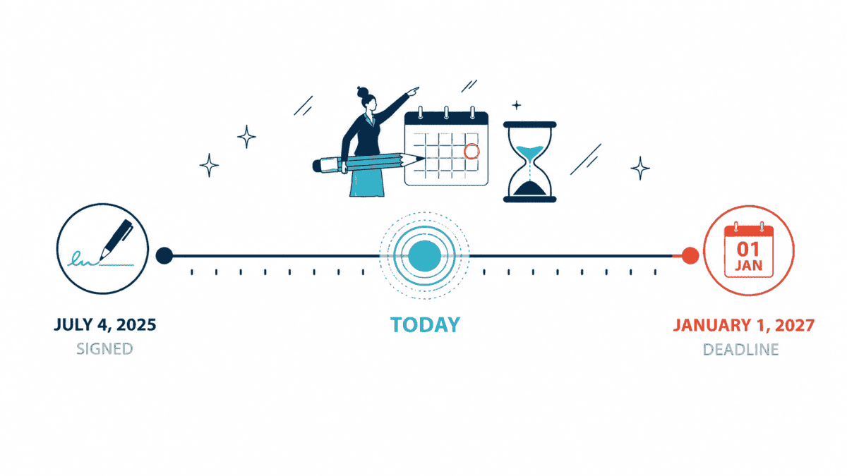 H.R. 1 implementation timeline showing H.R. 1 signed July 4, 2025, today's date, and the January 1, 2027 deadline for states to implement work requirements and six-month recertification cycles