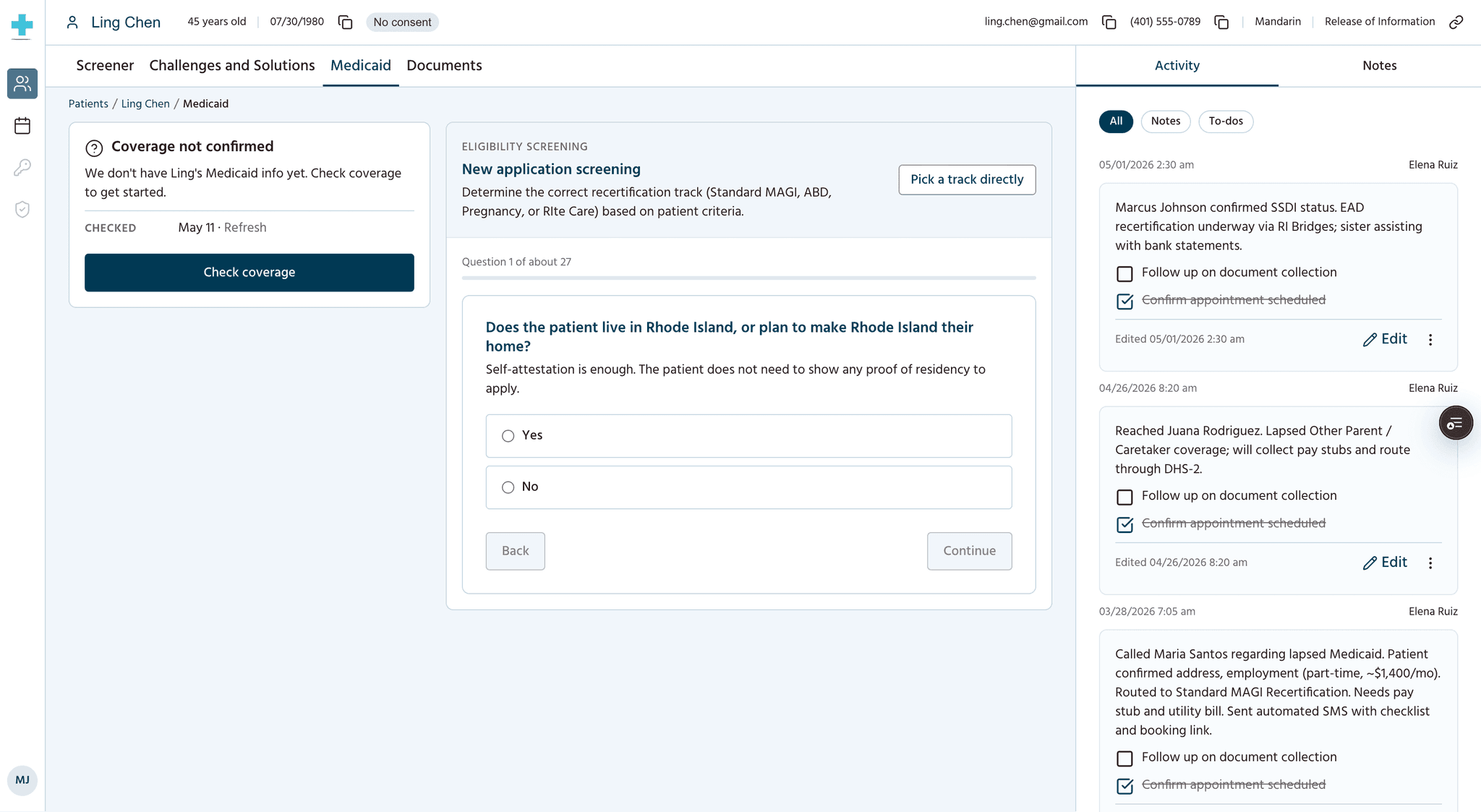 MediKey patient workflow interface showing a Medicaid eligibility screening in progress for Ling Chen, with coverage check, guided recertification questions, and an activity log of navigator notes