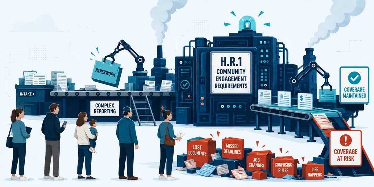 Graphic illustrating Medicaid work requirements under H.R.1, showing how paperwork, reporting requirements, and administrative barriers can put health coverage at risk for millions of eligible Americans.